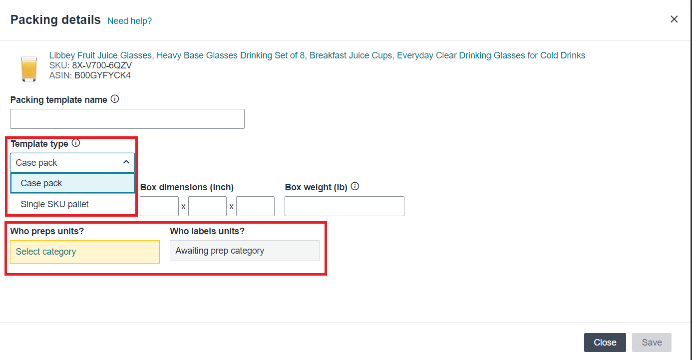 In the template, select template type (Case pack or Single SKU palette), specify who preps and labels the product (you or Amazon), and the prep category 