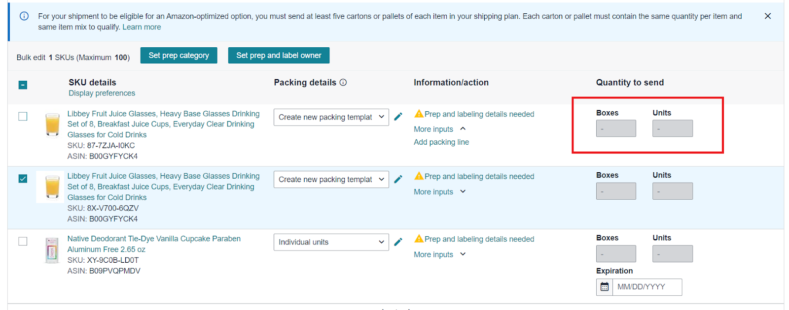 In the Send to Amazon page, specify the number of units and boxes you intend to send