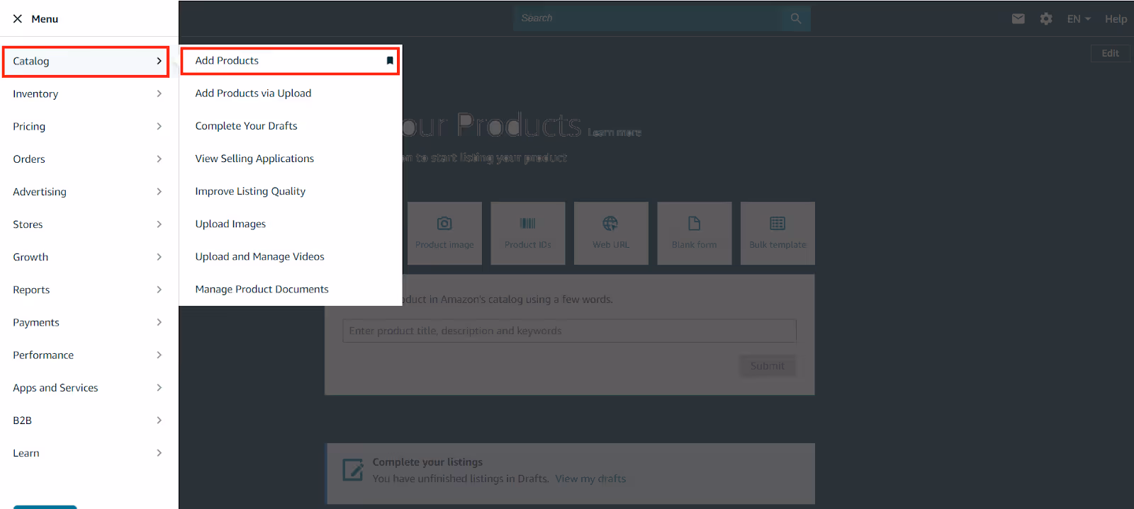 To create a bundle, go to your Seller Central account > Catalog > Add Products.