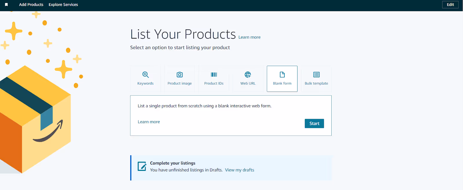 On the List Your Products page, choose Blank Form to create a listing from scratch