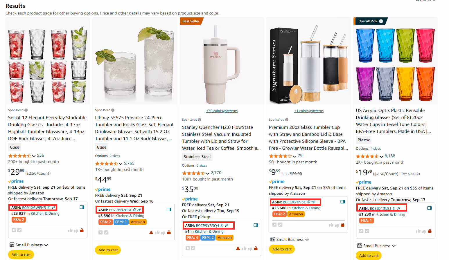 Seller Assistant shows ASINs on the Amazon search pages