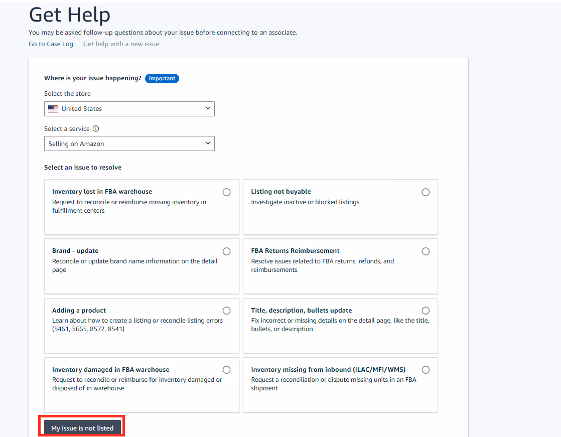 Skip the initial options and Select My issue is not listed to bypass pre-listed categories that don’t offer phone support