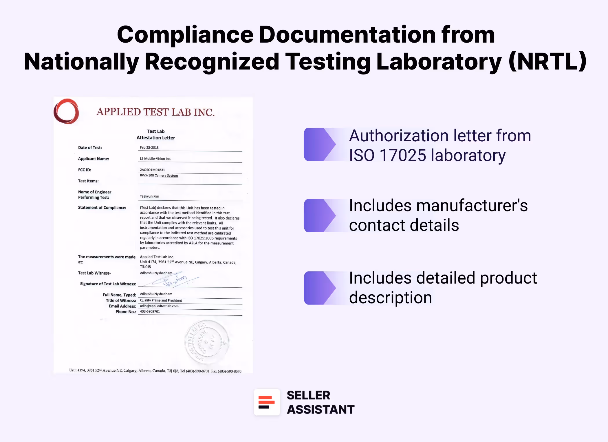 Compliance documentation from a Nationally Recognized Testing Laboratory (NRTL)