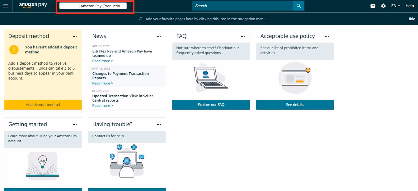 Use Amazon Pay (Production View) to set up a deposit method