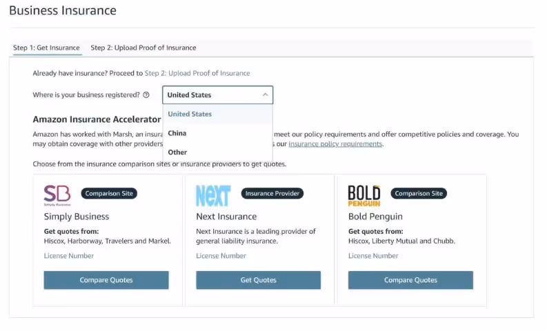 Чтобы получить страховку от Amazon Insurance Accelerator, зайдите в раздел "Страхование бизнеса
