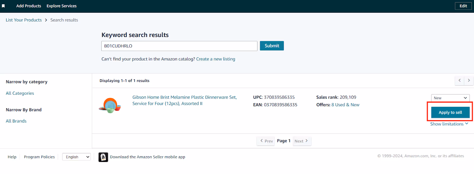 If you want to sell a restricted brand, you need to submit an application for approval under Catalog > List Products, find your product, specify its condition, and if the product is restricted, click “Apply to sell.”