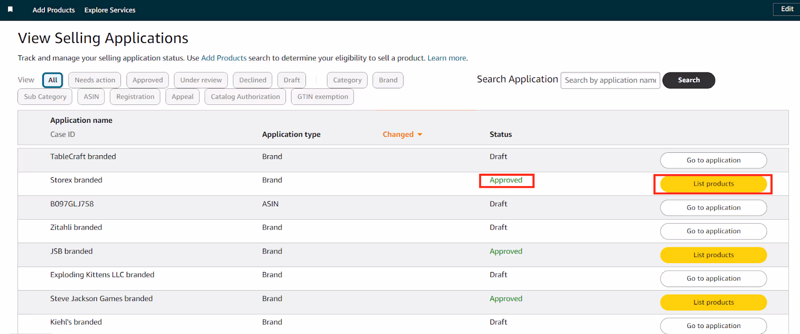 Once Amazon approves your application, you can list products under the restricted brand by selecting the "List Products" button within your Seller Central