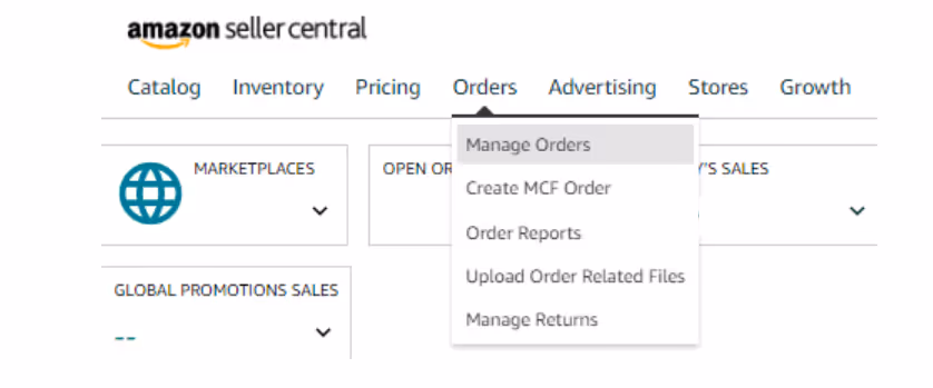Open the Orders drop-down menu and click Manage Orders Open the Orders drop-down menu and click Manage Orders