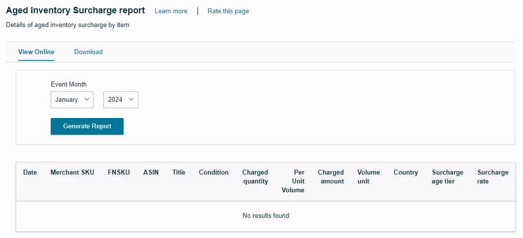 Aged Inventory Surcharge report
