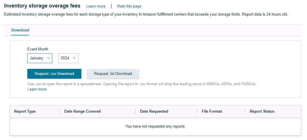 Inventory Storage Overage Fees report