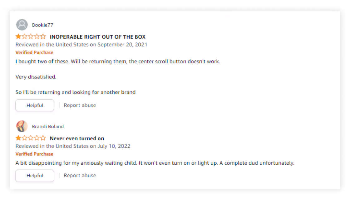 Пример отрицательного отзыва на  Amazon