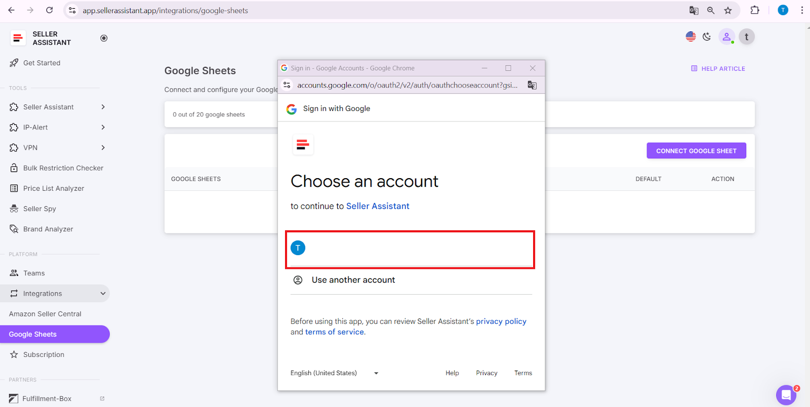 In the pop-up window, choose the Google account you want to connect to Seller Assistant.