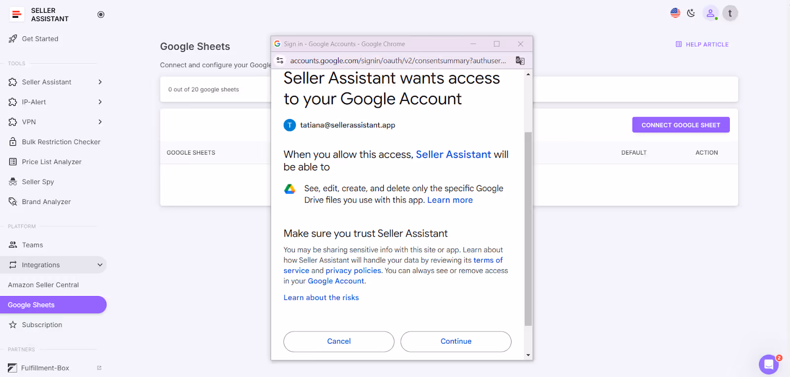 Authorize Seller Assistant to access your selected Google Sheet you want to connect.