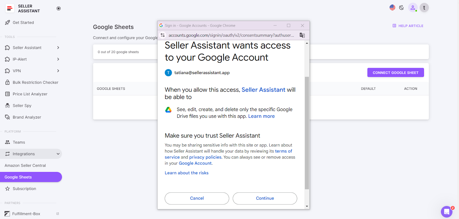 Authorize Seller Assistant to access your selected Google Sheet you want to connect.