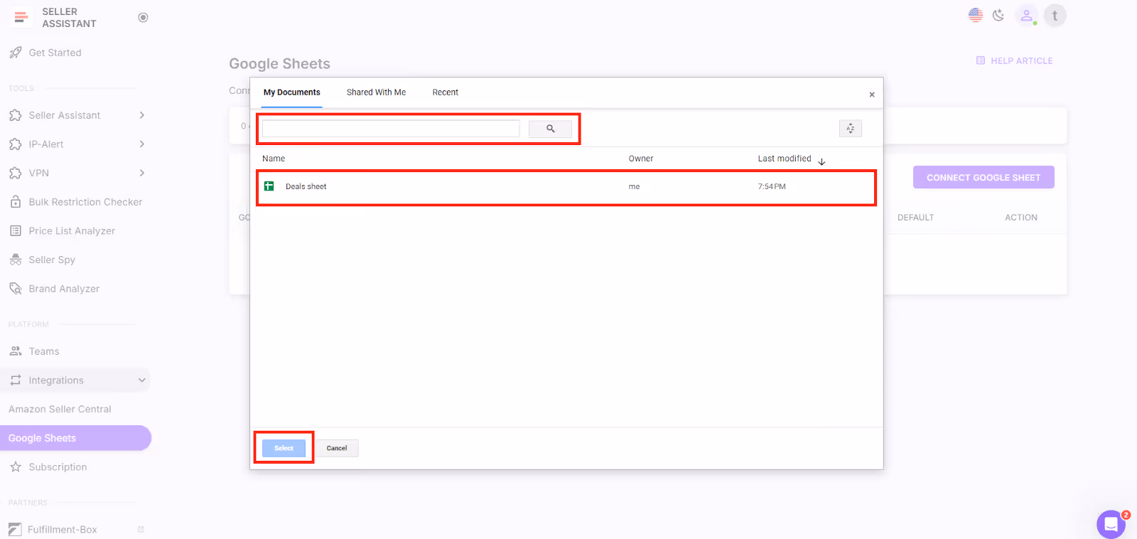 Select Google Sheet to connect
