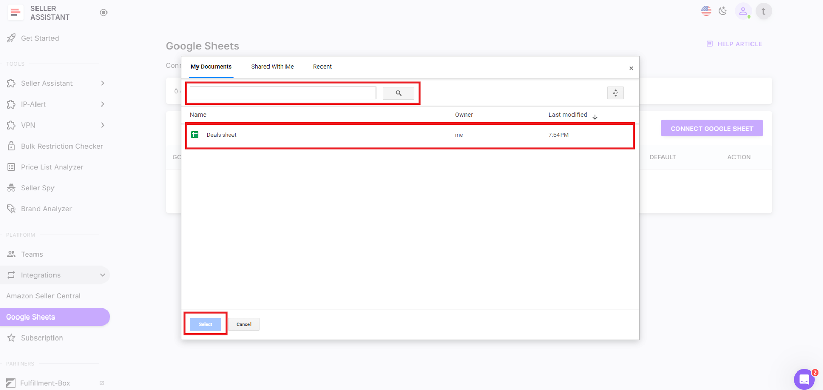 Select Google Sheet to connect