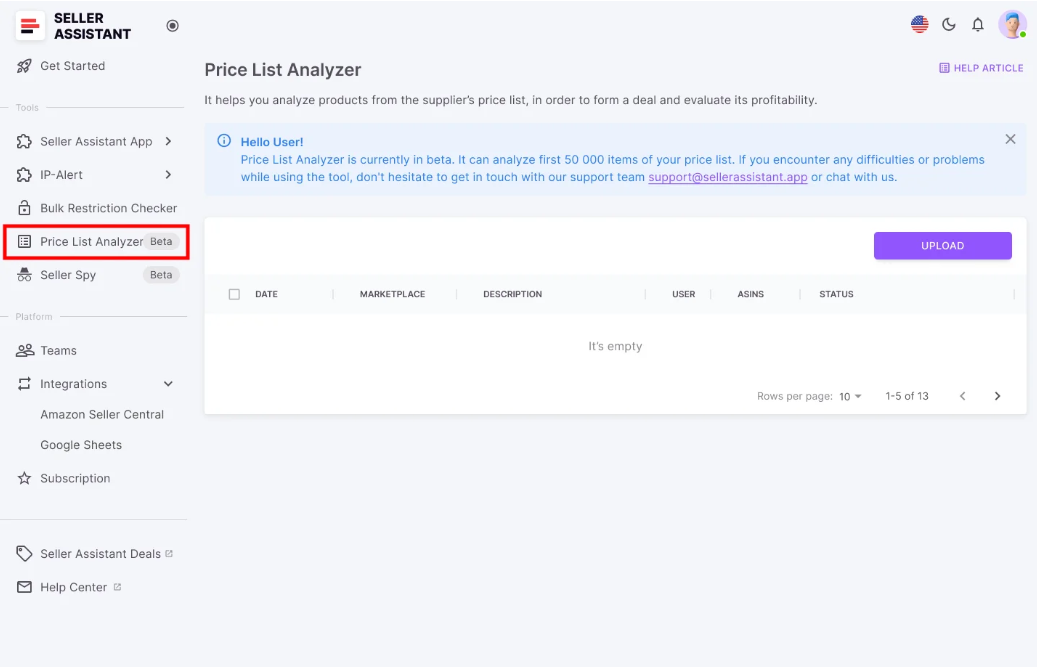 Open your Seller Assistant personal account and access Price List Analyzer