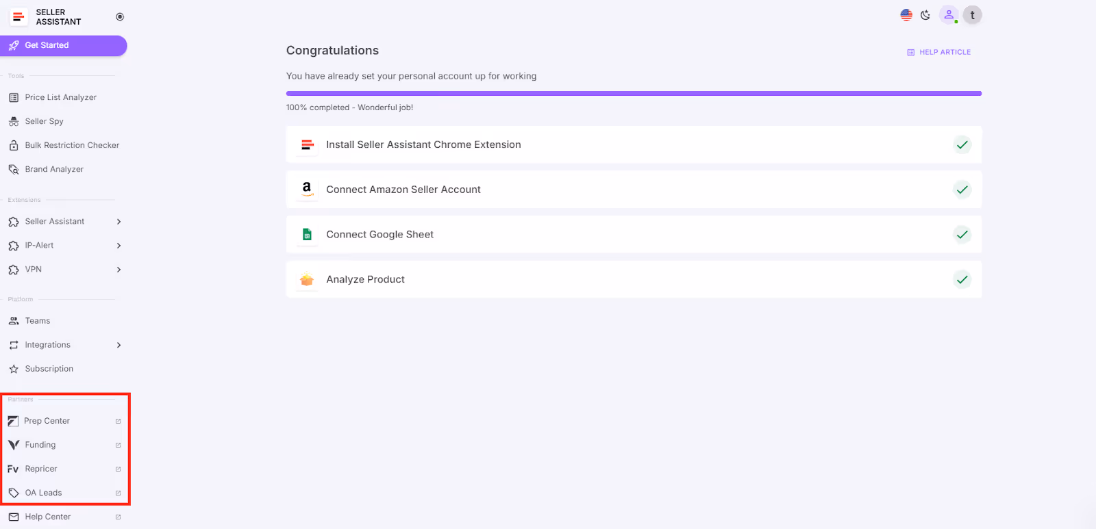 In the Partners block, you can find service providers providing valuable services for Amazon sellers in addition to product sourcing Seller Assistant offers.