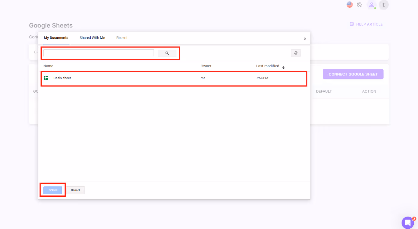 Select Google Sheet to connect