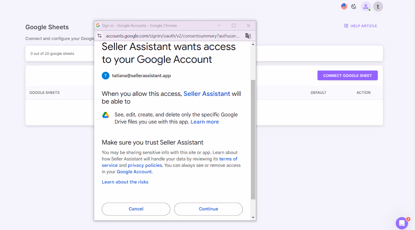 Authorize Seller Assistant to access your selected Google Sheet you want to connect