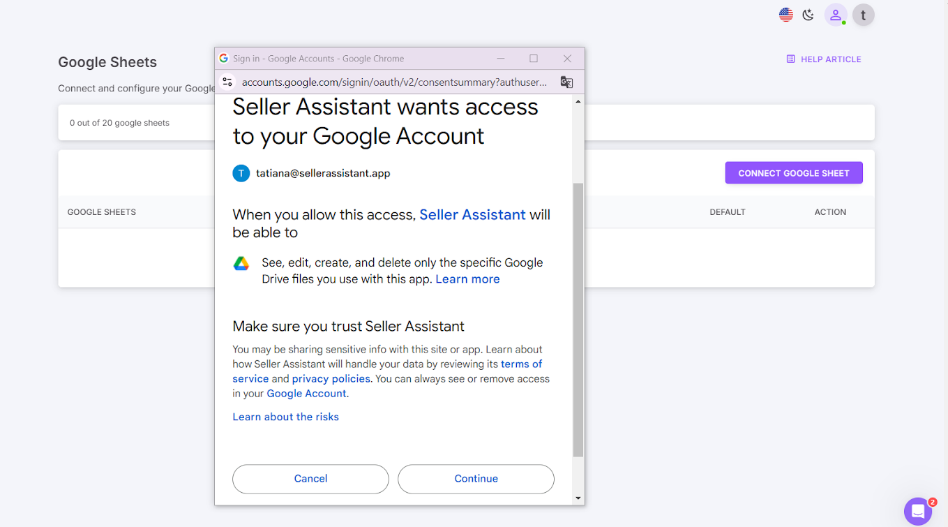 Authorize Seller Assistant to access your selected Google Sheet you want to connect