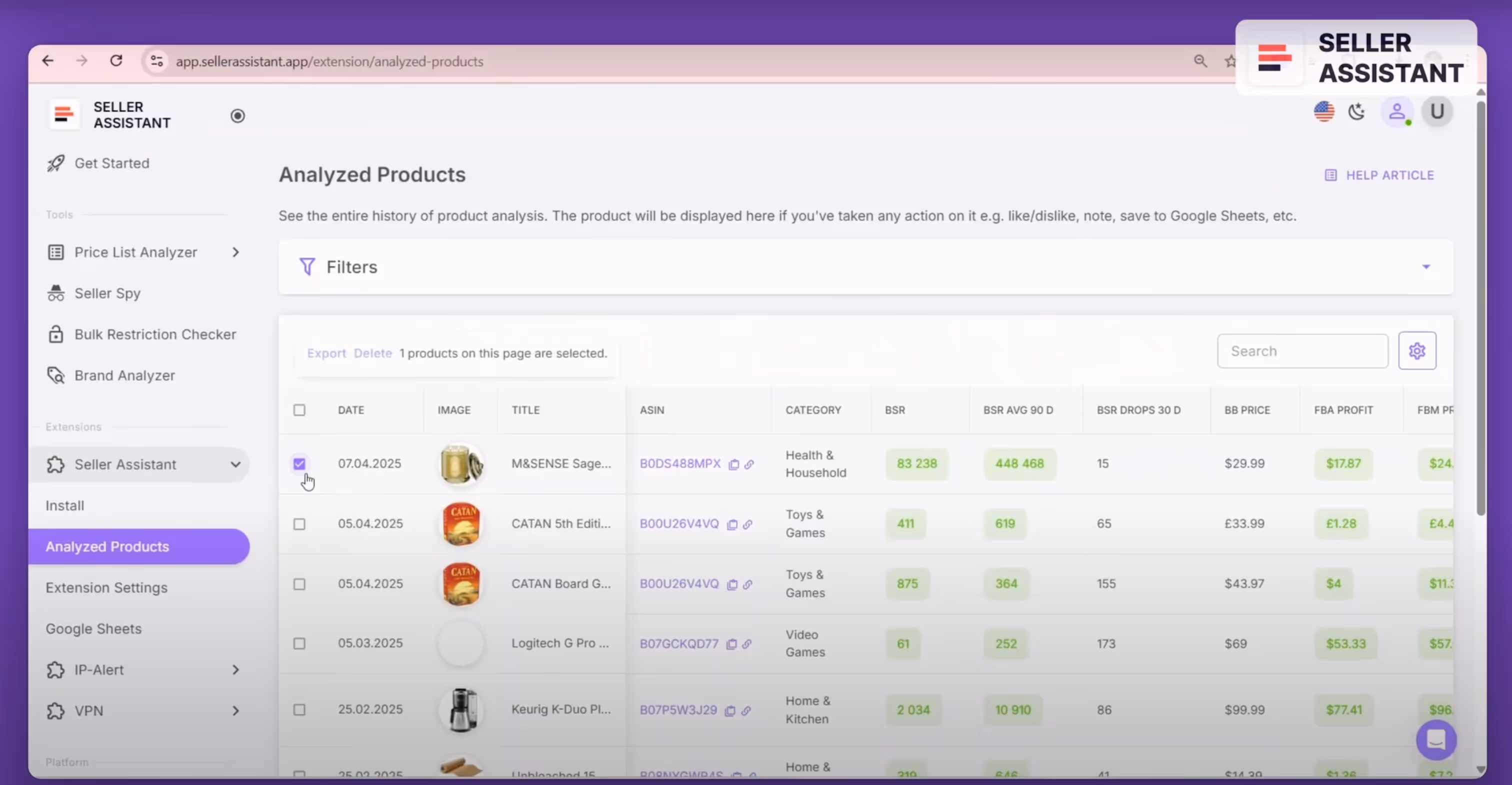 To export your product sourcing results to Google Sheets using Seller Assistant