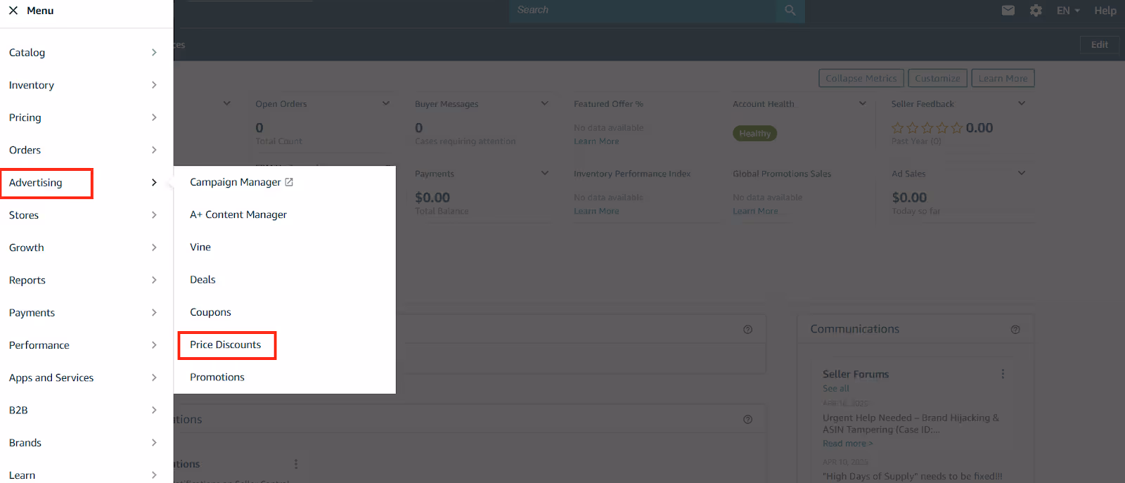 Visit Seller Central, and select Advertising > Price Discounts.