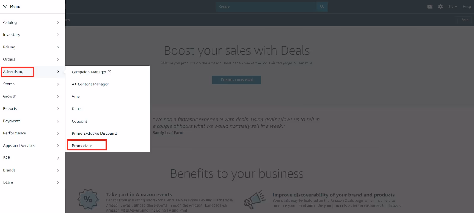 Submit Promotions via Seller Central under Advertising > Promotions.