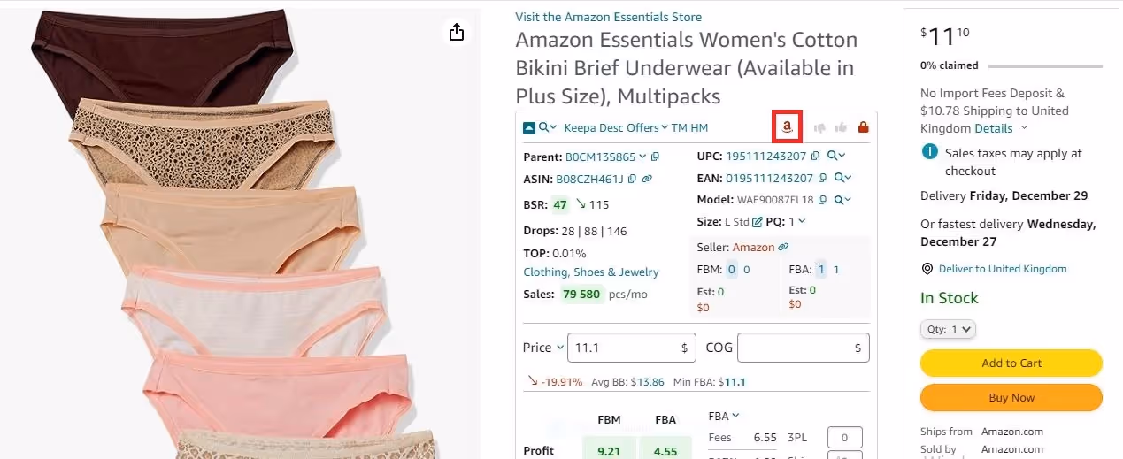 If Amazon is a seller, Seller Assistant shows the red Amazon icon on the product pages