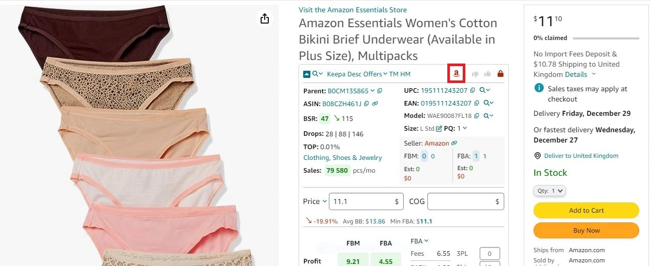 If Amazon is a seller, Seller Assistant shows the red Amazon icon on the product pages