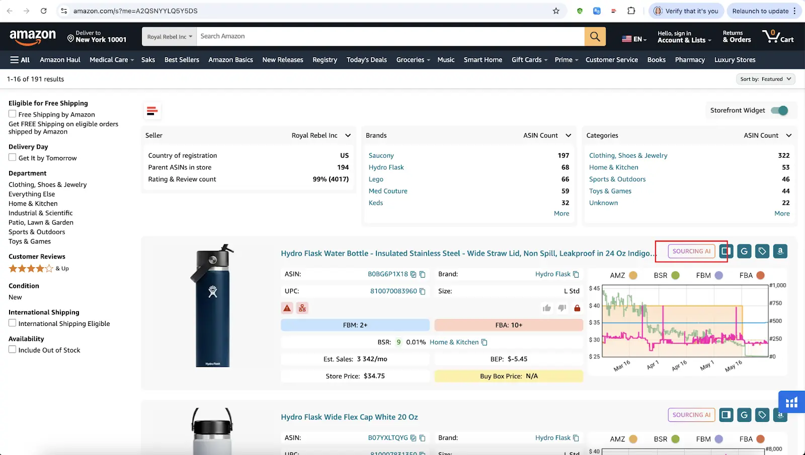 Sourcing AI in Storefront Widget in Amazon competitor storefront