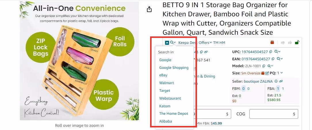 Seller Assistant provides quick links to search products on different search engines