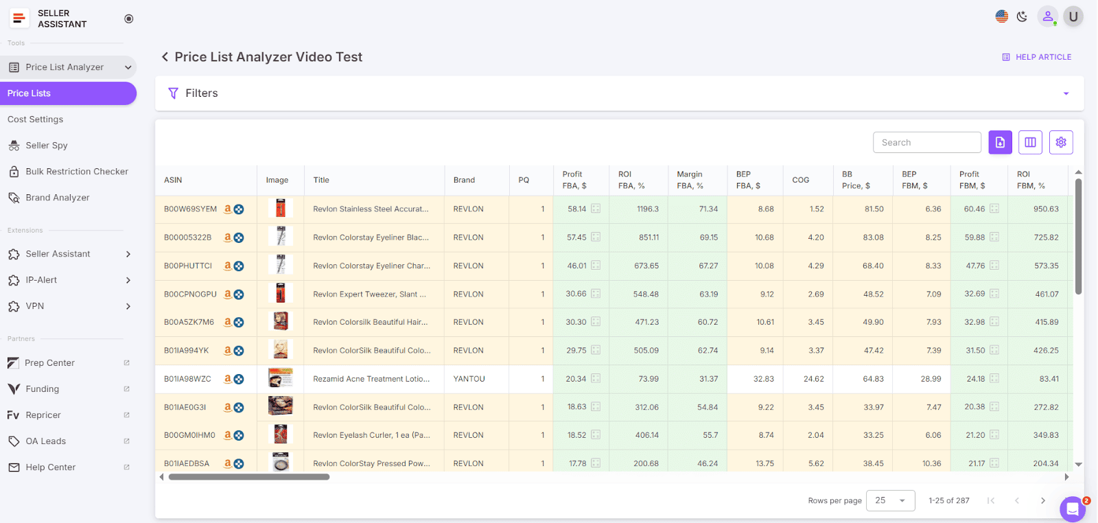Price List Analyzer UI table