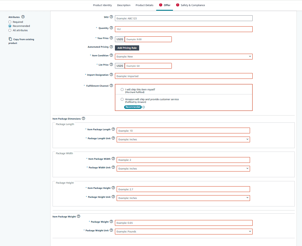Add offer details, your product package dimensions, and weight.