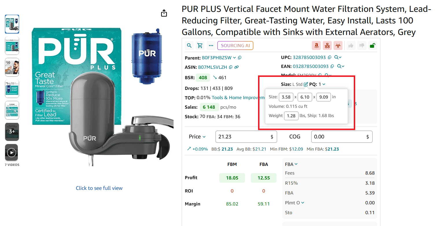 Seller Assistant provides you with all vital information about the products, including product size according to Amazon classification, exact dimensions and weight