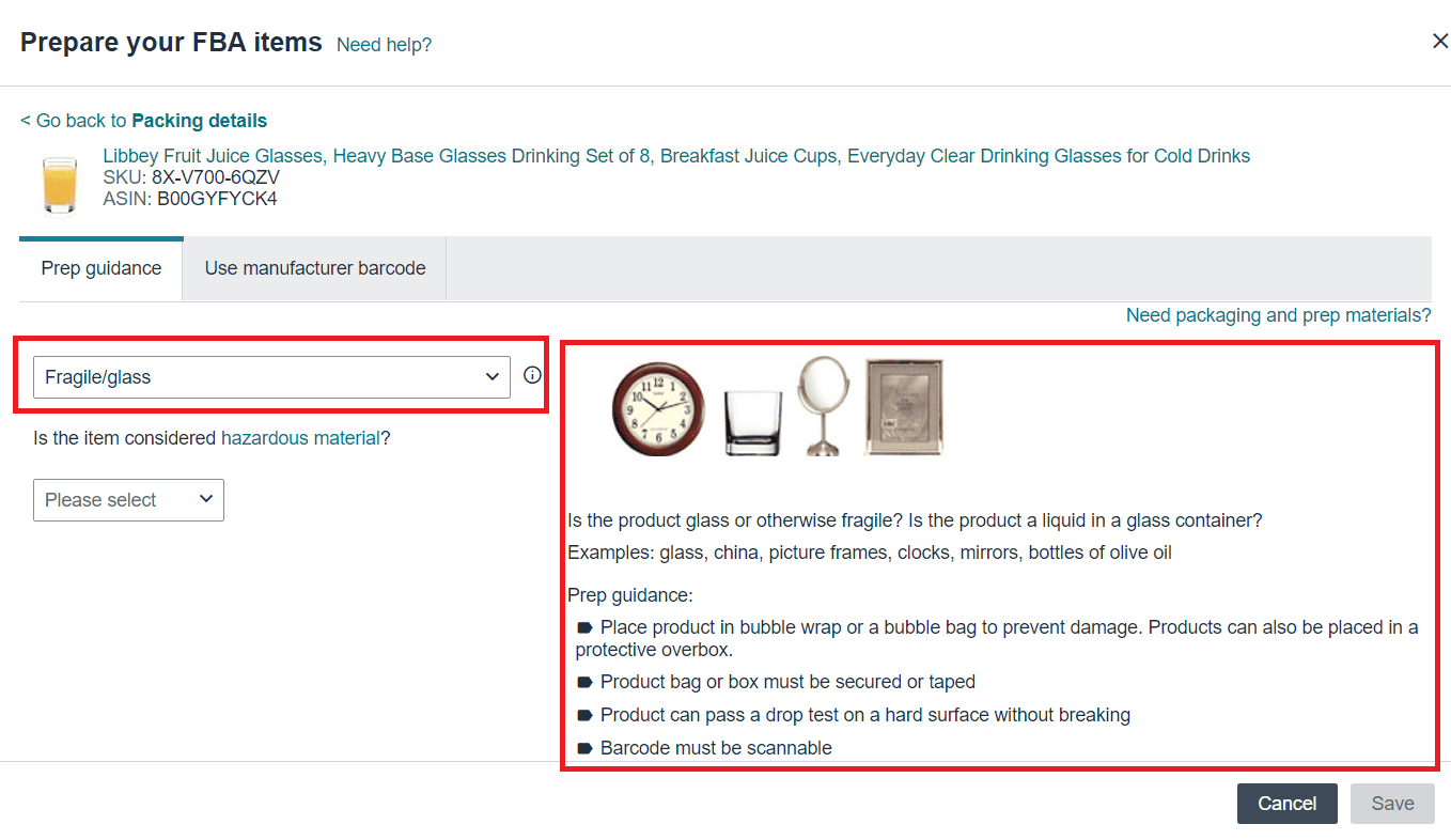 Choose the prep category (Fragile, Apparel, Adult, etc.)