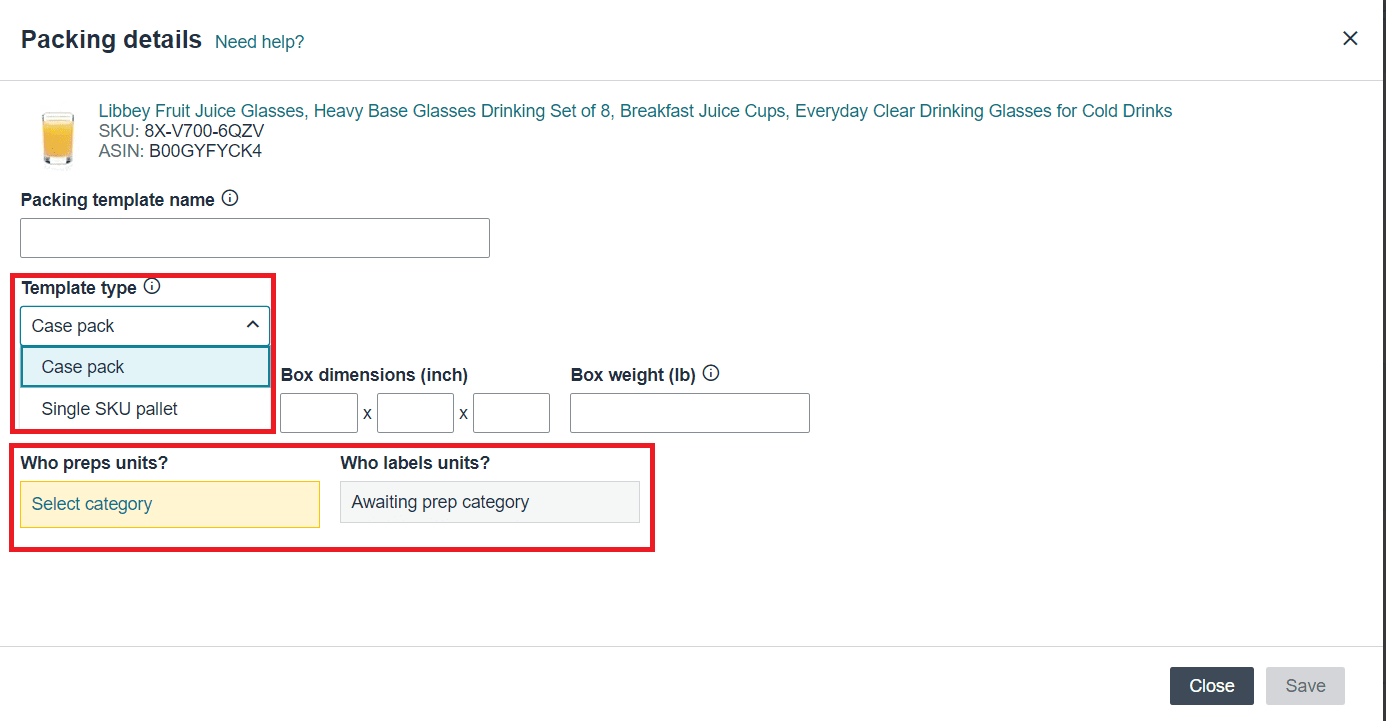 In the template, select template type (Case pack or Single SKU palette).