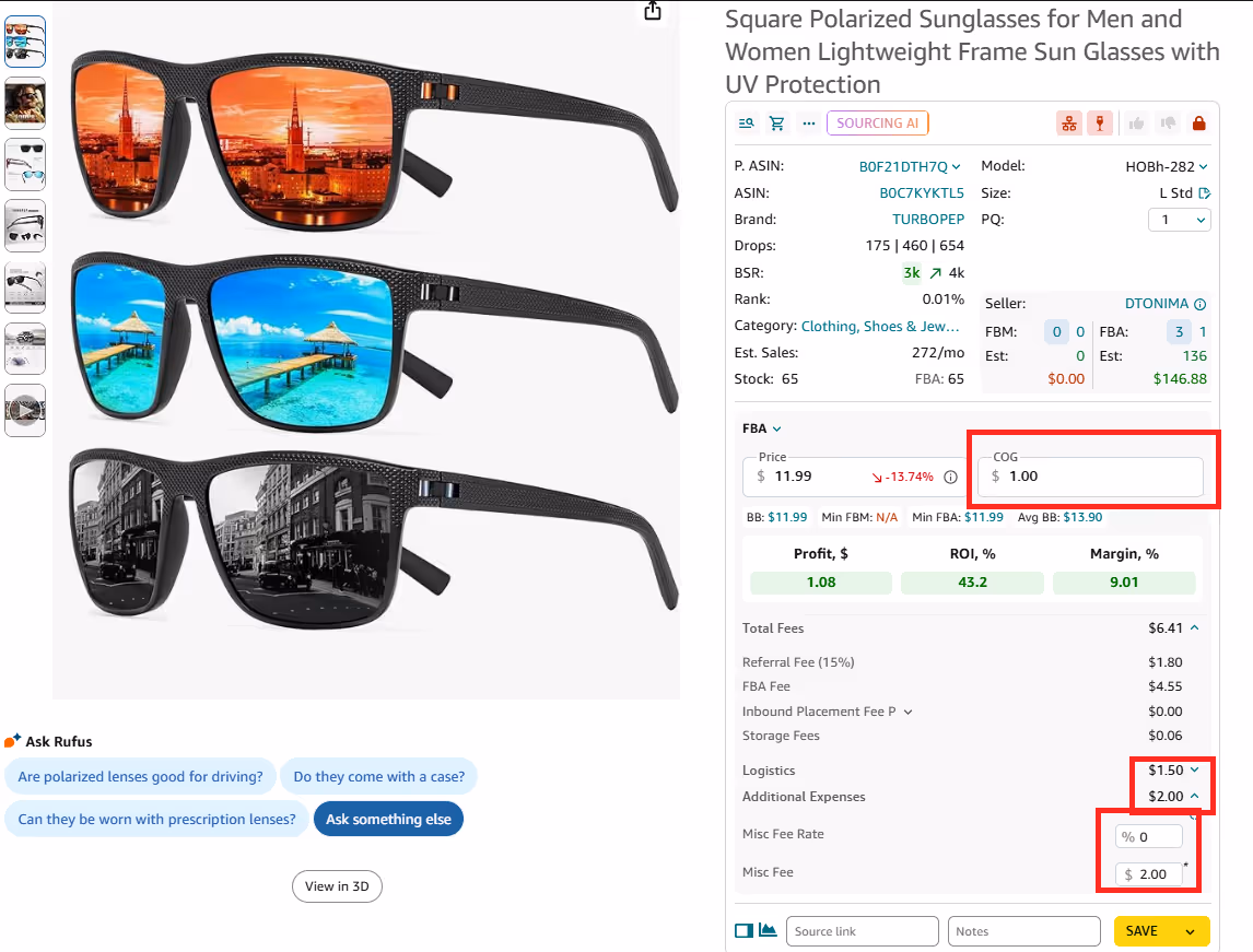 To calculate the figures, you must enter the COG and logistics costs (3PL, shipping costs, and prep center fees).