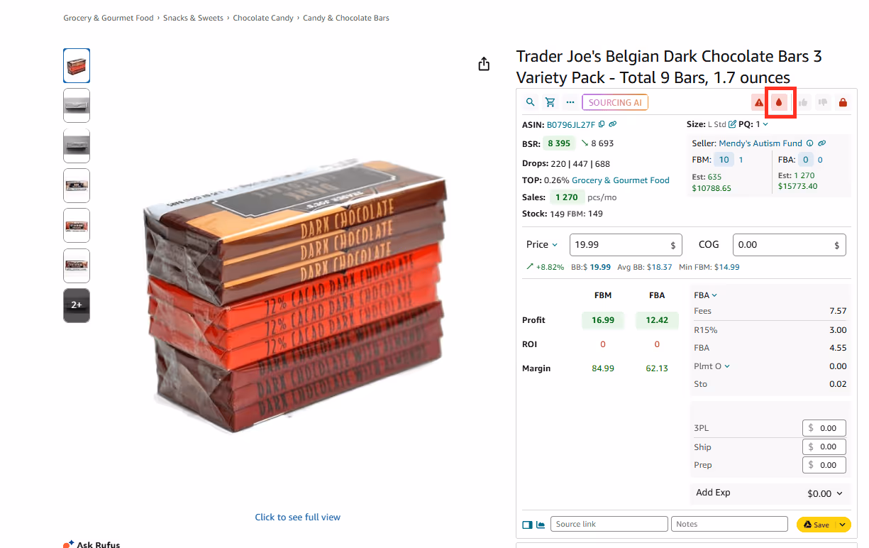 Seller Assistant Browser Extension marks meltable products with the Red Drop icon on Amazon product detail pages