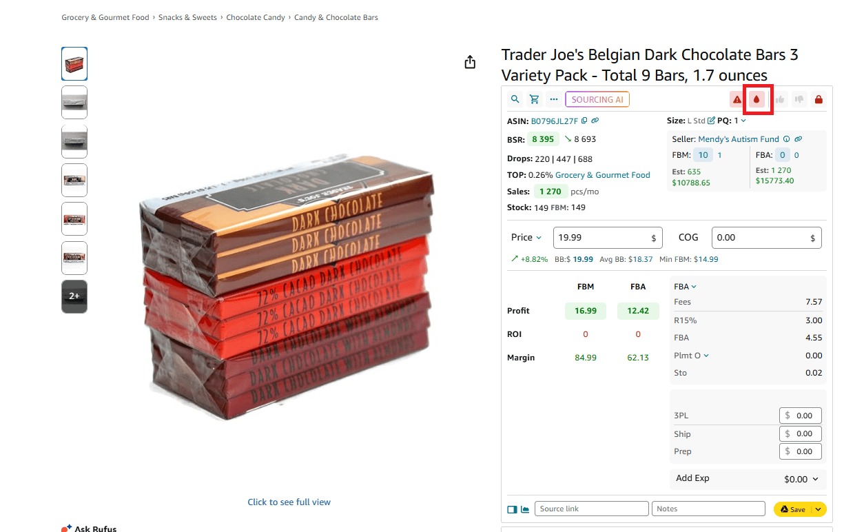 Seller Assistant Browser Extension marks meltable products with the Red Drop icon on Amazon product detail pages