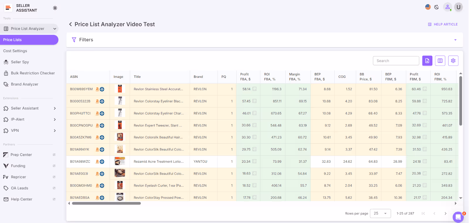 Seller Assistant's Price List Analyzer I table