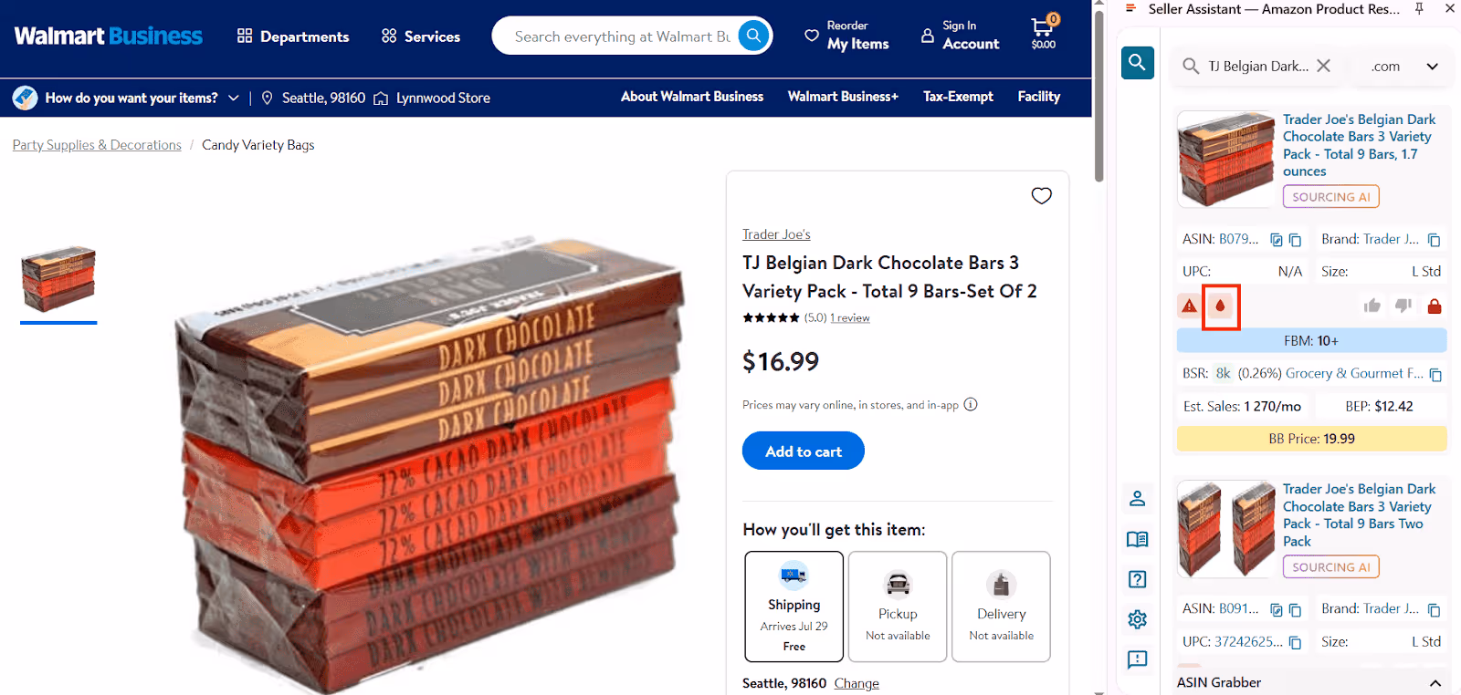 Seller Assistant Browser Extension marks meltable products with the Red Drop icon in the Side Panel View on supplier websites