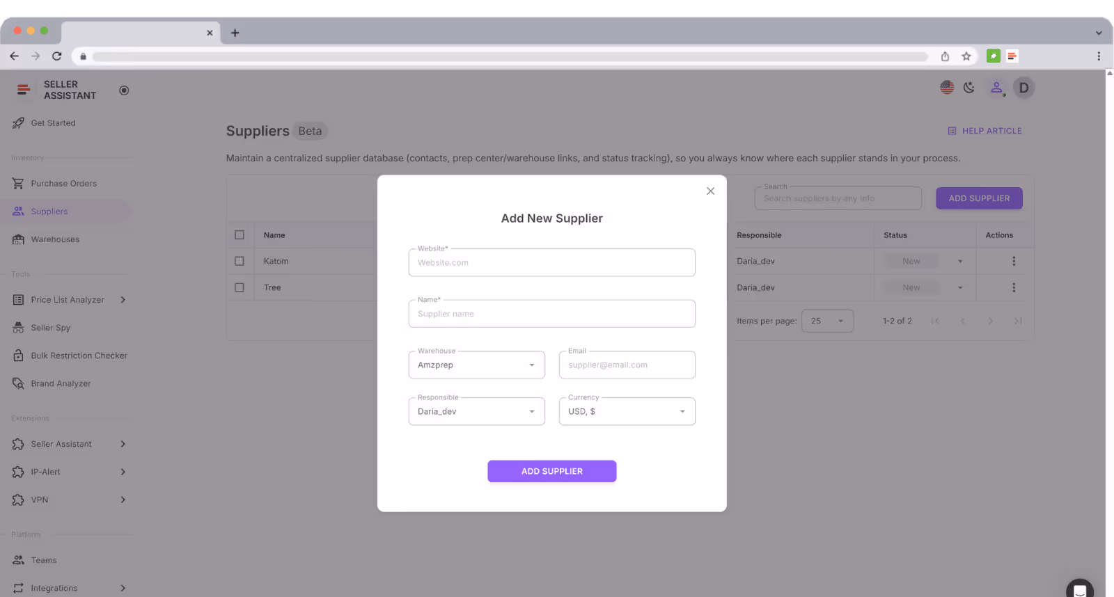 Choose a supplier from your Seller Assistant Suppliers Database.
