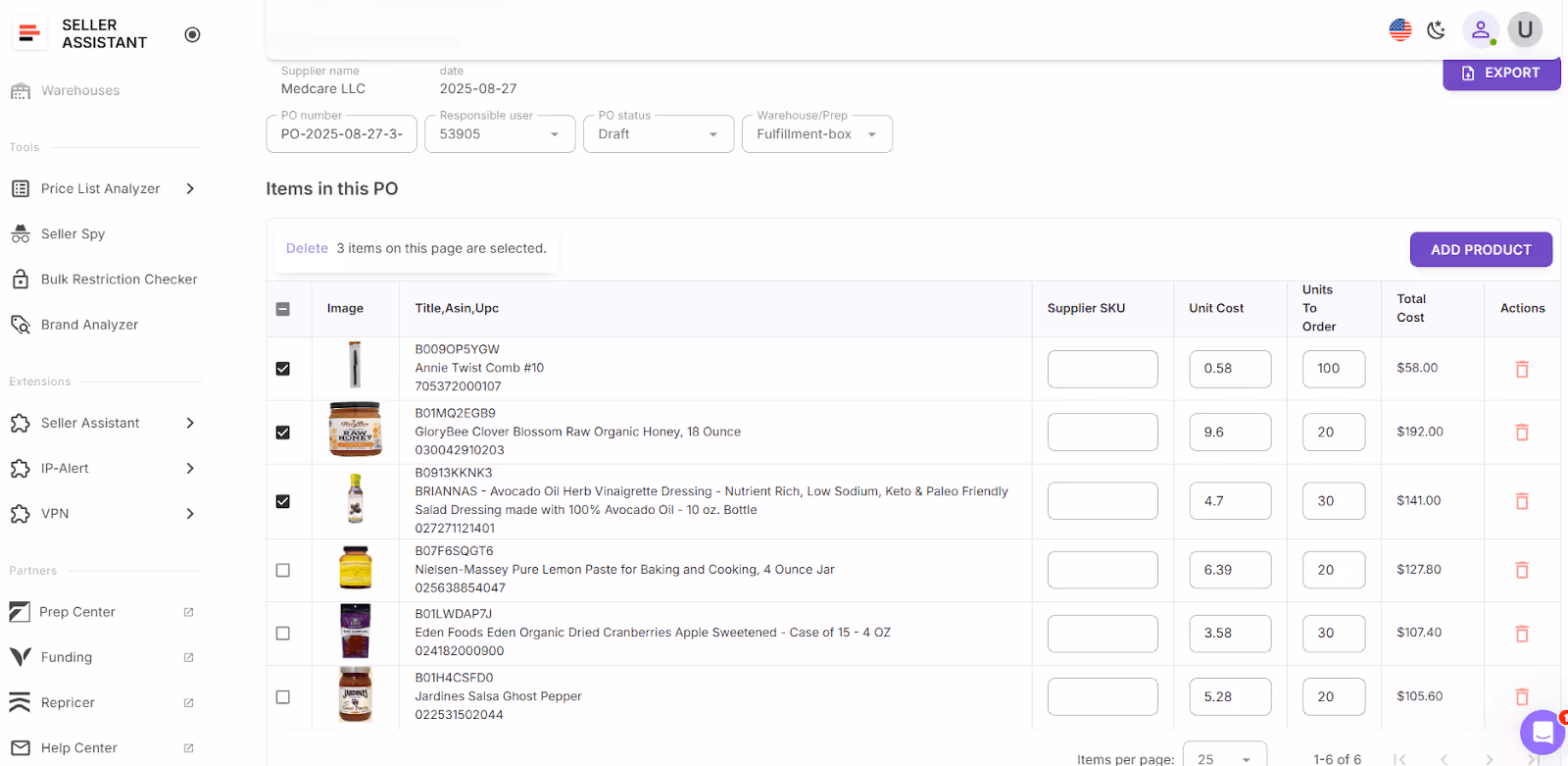 Click “Add products” and add products from Price List Analyzer (PLA)