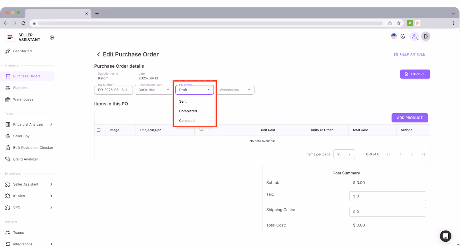 Monitor each PO as Draft, Sent, Completed, or Canceled inside the module.