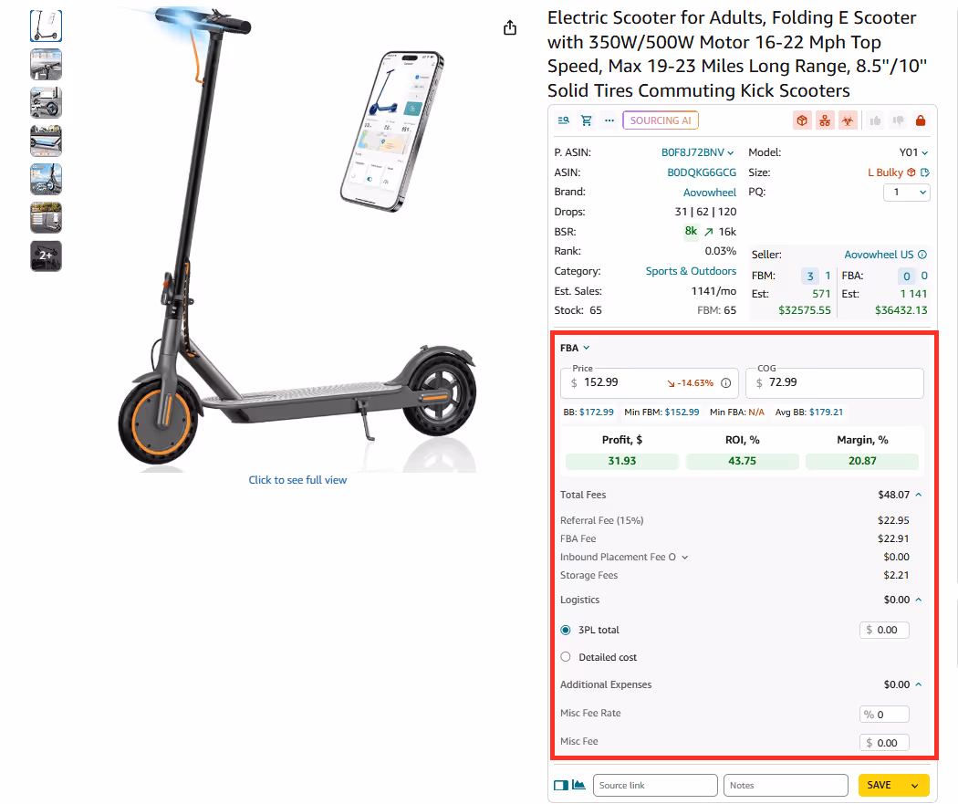 FBM and FBA Calculator data