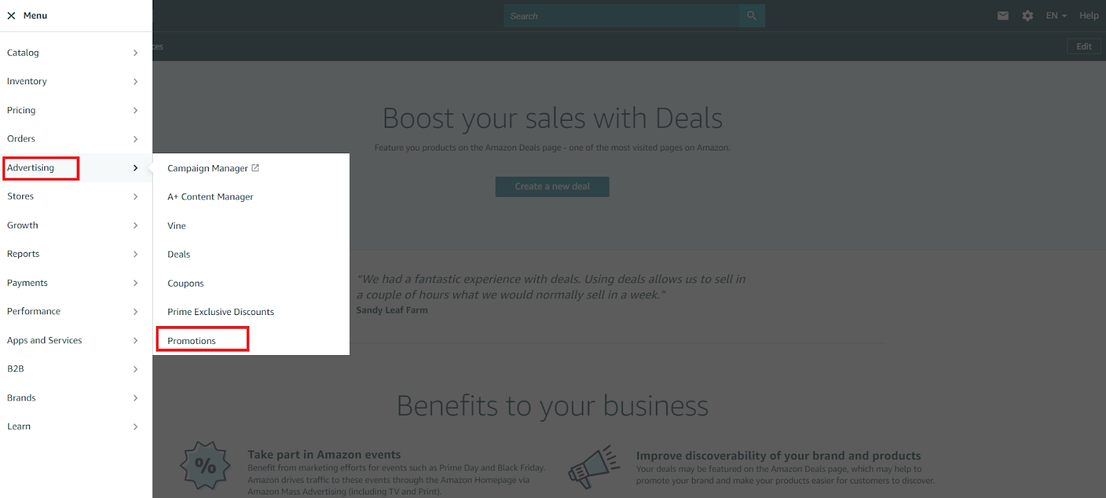 Submit Promotions via Seller Central under Advertising > Promotions.