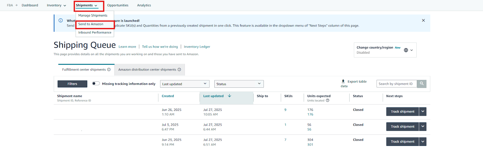 In the upper menu, select Shipments > Send to Amazon”