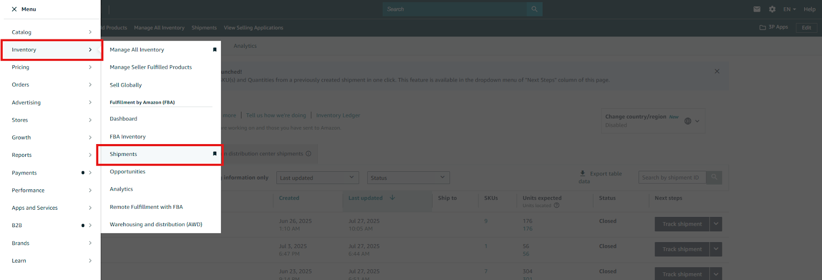 Go to Inventory > Shipments in your Seller Central