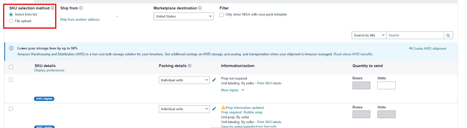To add products to the shipment using search choose the option Select from list